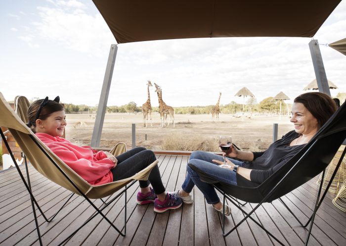 Mother and daughter enjoying a stay in the Zoofari Lodge Accommodation at Taronga Western Plains Zoo, Dubbo