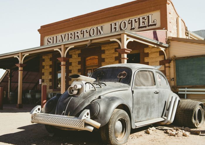 A Volkswagon beetle pays homage to the Mad Max V8 interceptor outside the Silverton Hotel, Silverton