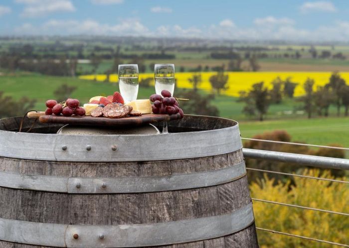 Cheese platter and champagne overlooking the vineyard at Everview Retreat, Canowindra