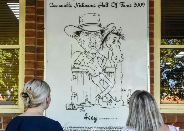 Visitors looking at the Hall of Fame illustrations at Nickname Hall of Fame, Coonamble
