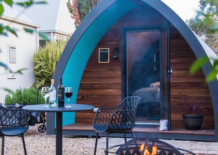 Each Pod has a patio area with fire pit at Jen's Garden Pods, Griffith