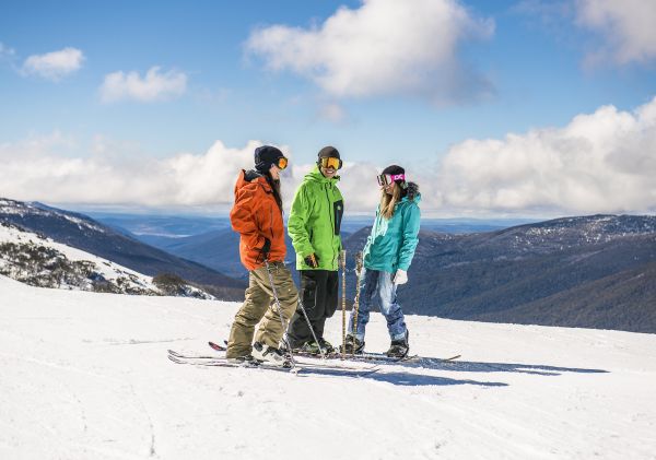 Friends skiing at Thredbo in the Snowy Mountains
