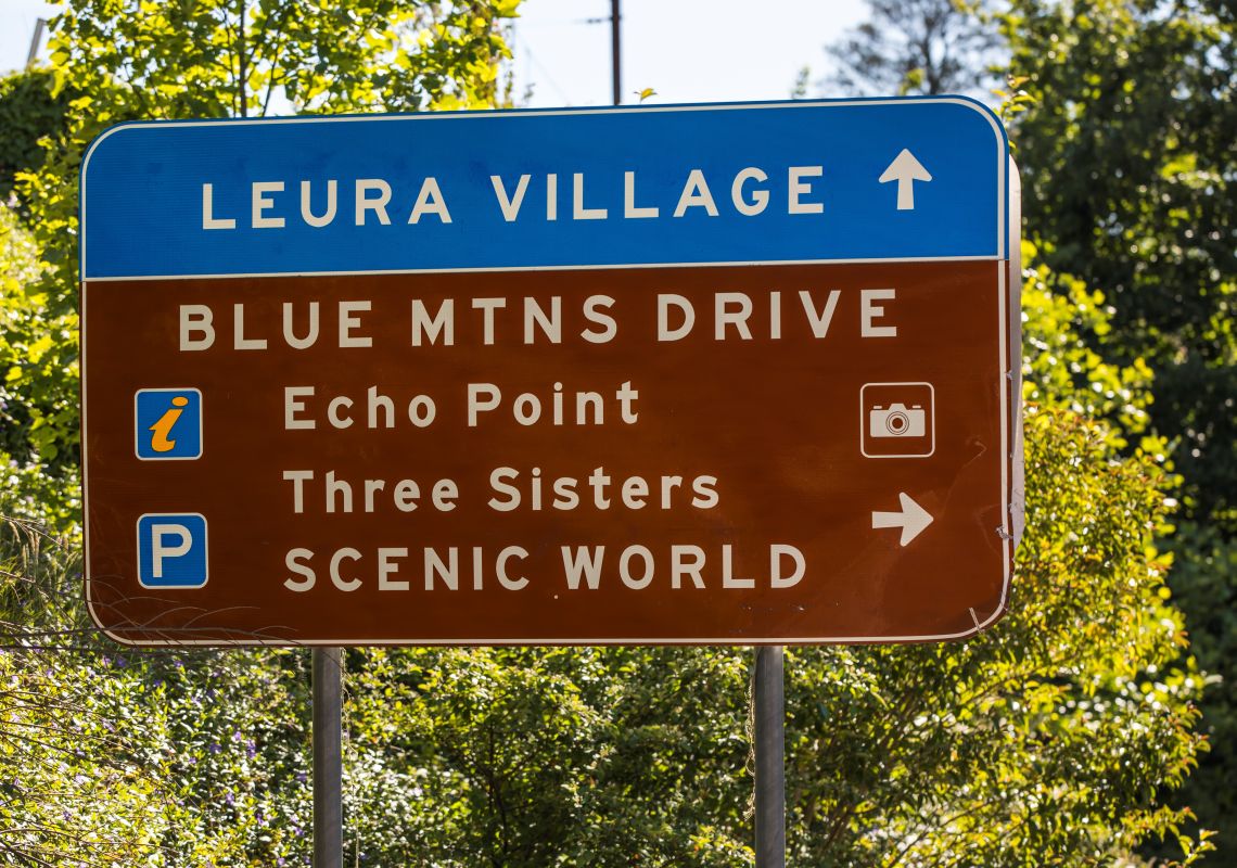 Tourist road signs near Leura, Katoomba Area in the Blue Mountains