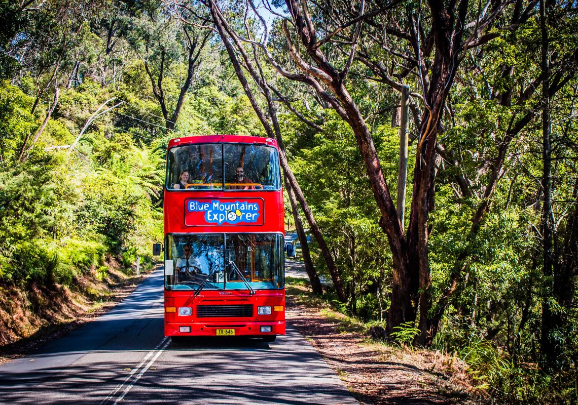 Double decker red bus, Blue Mountains Explorer Bus in Katoomba, Blue Mountains