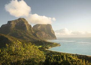 Scenic coastal views across Lord Howe Island to Mount Lidgbird and Mount Gower