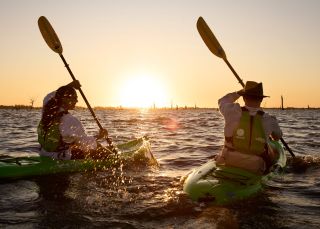 Couple kayaking on Lake Mulwala, Mulwala