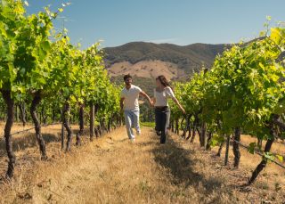 Ein Paar genießt eine Weinprobe bei De Beaurepaire Wines in Rylstone.