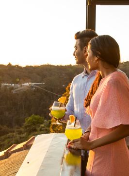 Couple looking at the view from Echoes Boutique Hotel and Restaurant, Blue Mountains