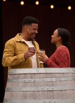 Couple enjoying a drink in the beer garden at Small Batch Brewery, Mudgee