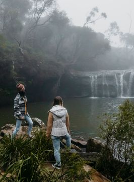 三個朋友在卡靈頓瀑布散步，布德羅國家公園 (Budderoo National Park）