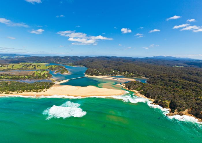 Aerial view of Mogareeka - where Bega River meets the sea - Mimosa Rocks National Park