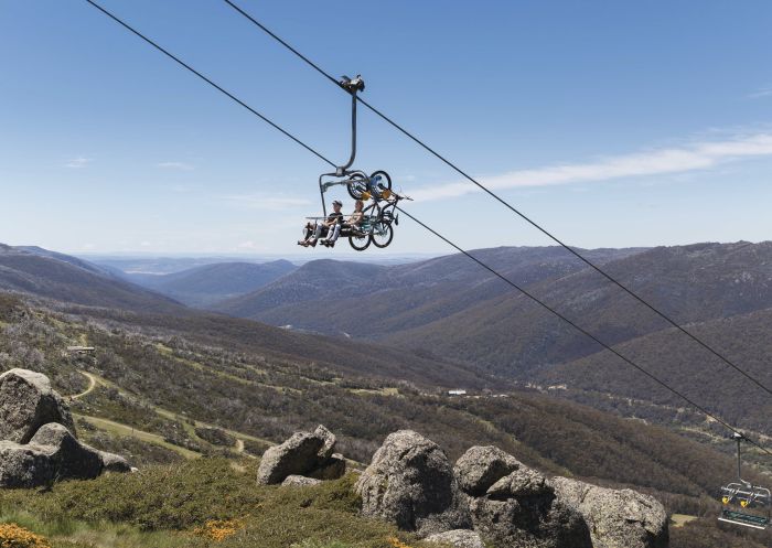 Chairlift to the top of the Thredbo Valley Track with scenic views over Kosciuszko National Park