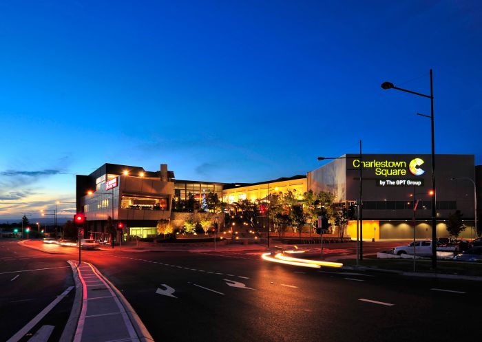 Street view of Charlestown Square shopping centre at dusk, Lake Macquarie