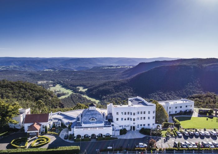 Aerial view of the Hydro Majestic Hotel, Medlow Bath and Megalong Valley in the Blue Mountains