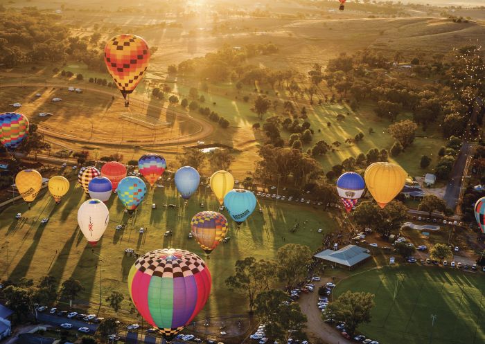 Hot air balloons launching over the town at sunrise during the Canowindra Balloon Challenge, Canowindra - Credit: Noel Butcher