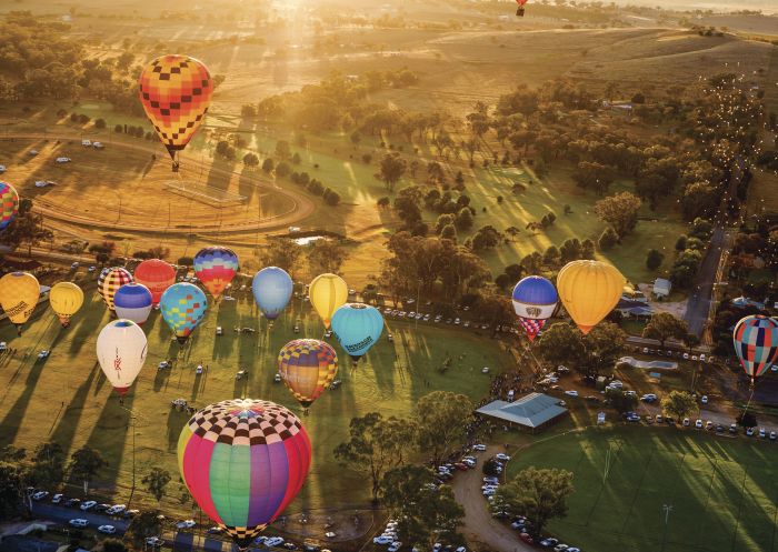 Hot air balloons over the township of Canowindra for the 2015 International Balloon Challenge