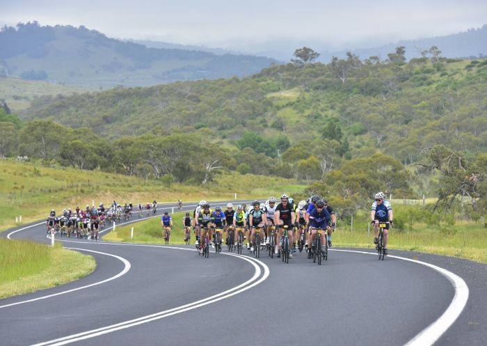 Cyclists competing in the L'Étape Australia 2016 in the scenic Snowy Mountains