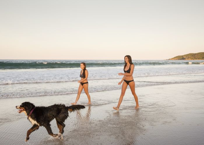 Two women walking their dog on Main Beach, Byron Bay