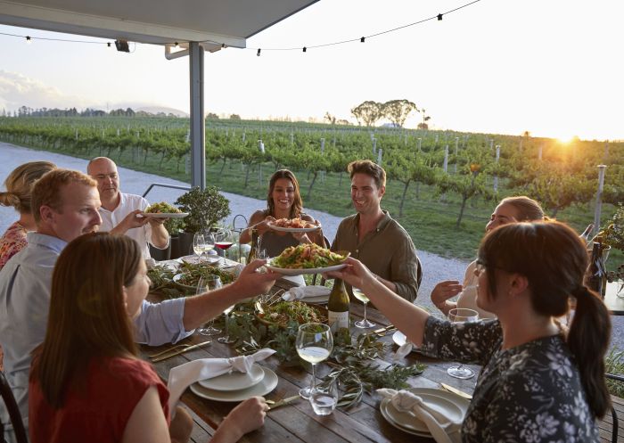 Group of friends enjoying a vine to table experience at Rowlee Wines, Nashdale.