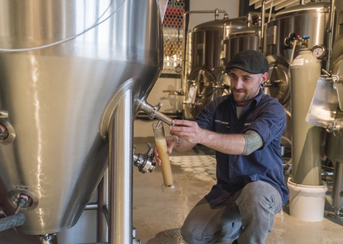 Man checking the production of beer, The Thirsty Crow Brewing Co., Wagga Wagga