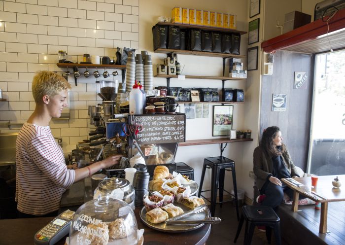 Barista and customer at Anonymous Cafe in Blackheath, Katoomba Area, Blue Mountains