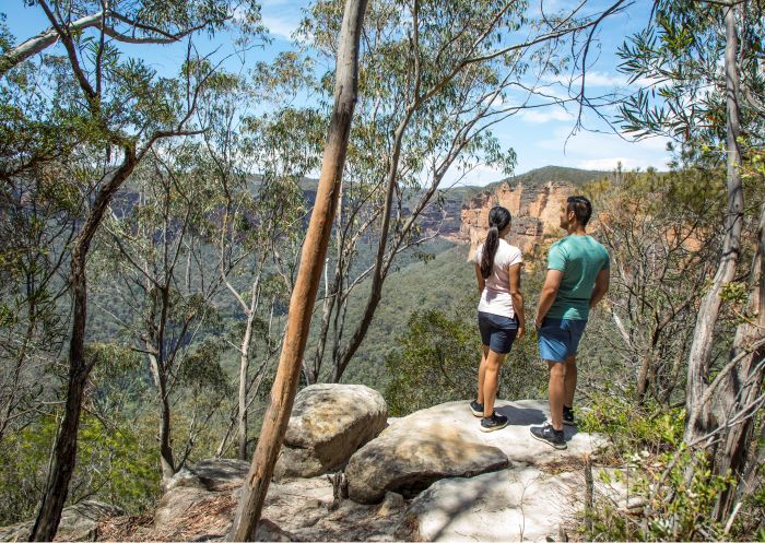 Couple enjoying views of the Grose Valley, Blackheath along the Grand Canyon Walking Track in the Blue Mountains