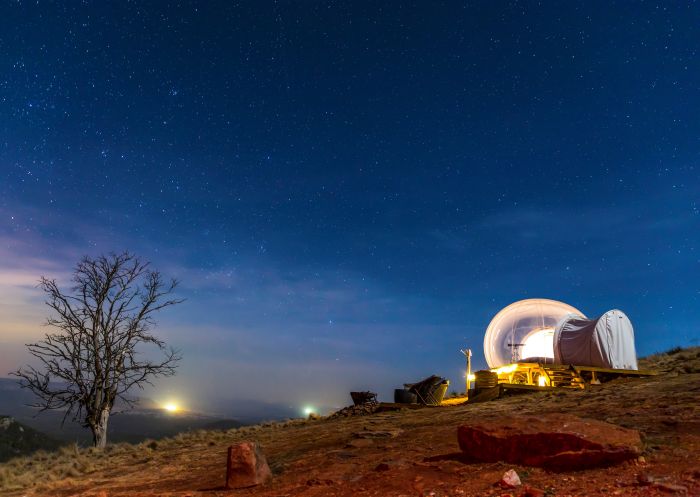 Bubbletent Australia luxury glamping accommodation under the night sky in the Capertee Valley
