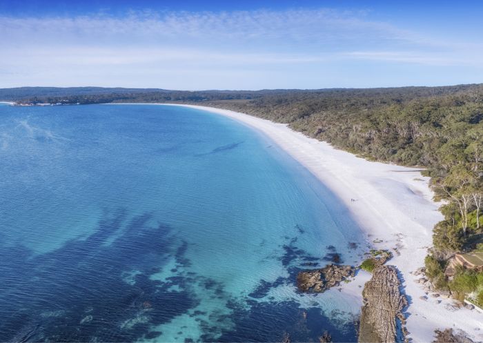 Scenic coastal views showing the white sand of Hyams Beach in Jervis Bay, South Coast
