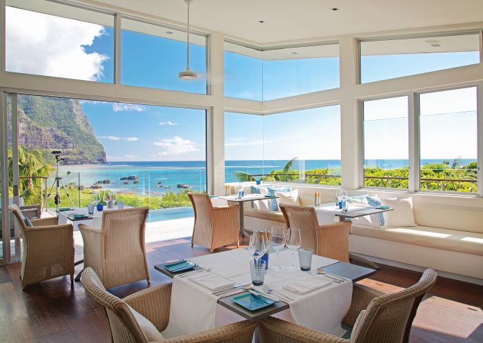 Capella Lodge restaurant with scenic ocean views of Mount Gower, Lord Howe Island