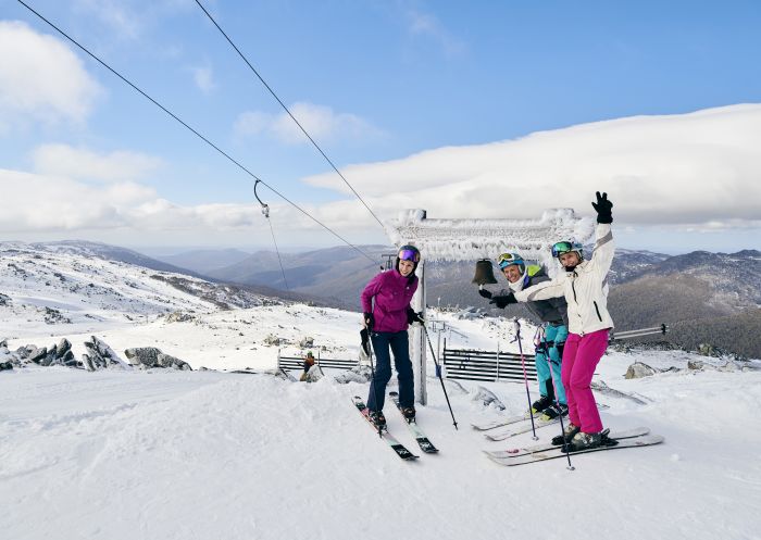 Skiers taking a selfie at Thredbo in the Snowy Mountains