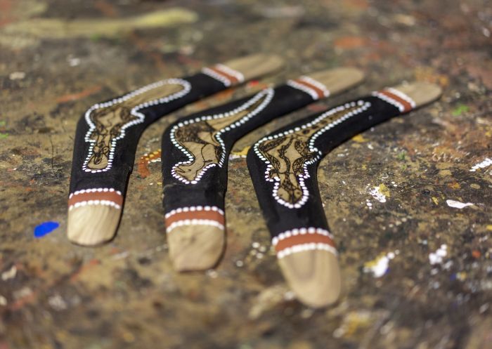 Aboriginal cultural items hand crafted by Wiradjuri Elder Michael Lyons at Sandhills Artefacts, Narrandera