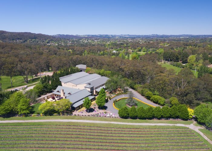 Aerial overlooking the scenic grounds of Centennial Vineyards in Bowral, Southern Highlands, Country NSW