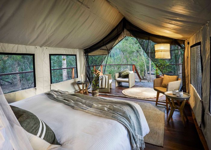 Deluxe safari tent interior at Paperbark Camp in Jervis Bay, South Coast