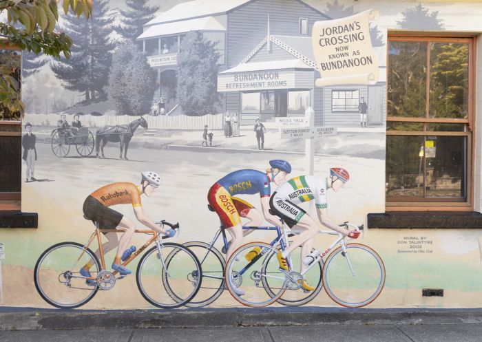 Cycling mural on the side of the Cafe Bike Shop in Bundanoon, Southern Highlands