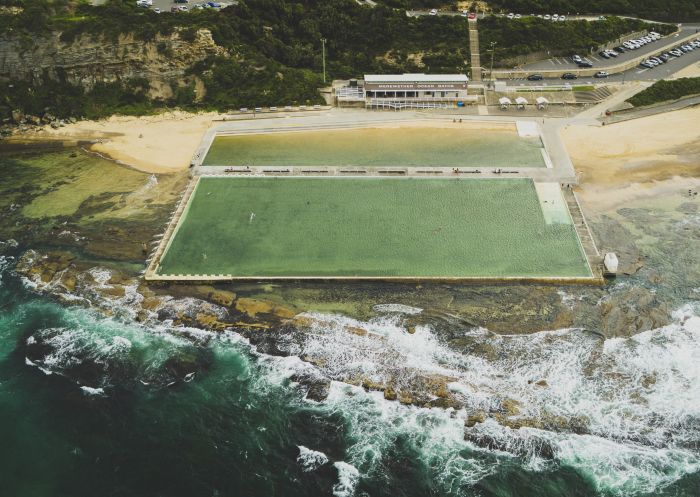 Aerial overlooking Merewether Ocean Baths, Merewether in Newcastle