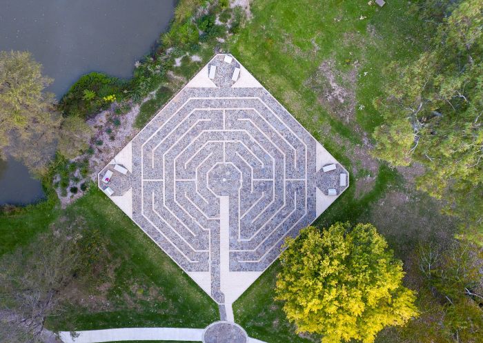 Drone overlooking the Tumut Community Labyrinth for Peace in the Snowy Mountains region of NSW