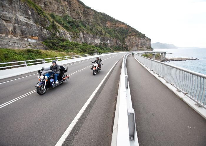 Driving on the Sea Cliff Bridge with Just Cruisin' Harley Davidson Motorcycle Tours, Illawarra