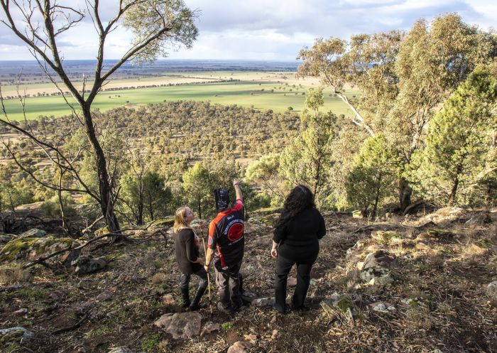 Bundyi Cultural Tours guide Mark Saddler sharing his knowledge with tourists from Galore Hill Lookout, Fargunyah near the town of Lockhart and the city of Wagga Wagga