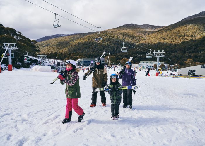 Family enjoying a day of skiing at Thredbo in the Snowy Mountains
