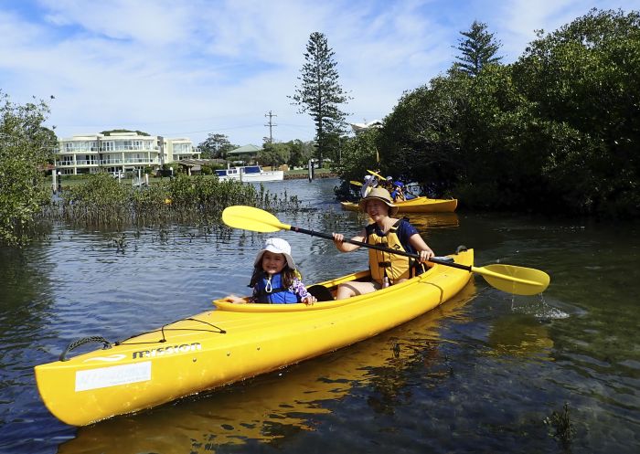 Families enjoying a day on Myall River, Tea Gardens with Lazy Paddles Guided Tours and Kayak Hire