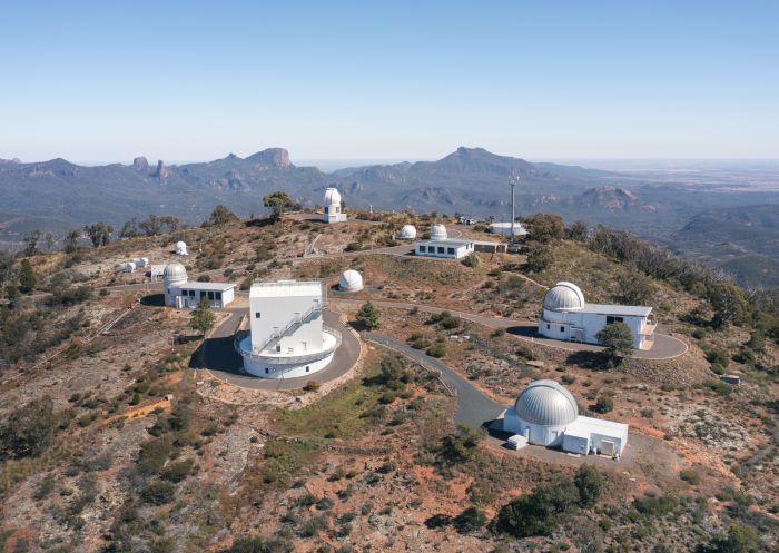 Aerial overlooking the Siding Springs Observatory, Coonabarabran surrounded by Warrumbungle National Park