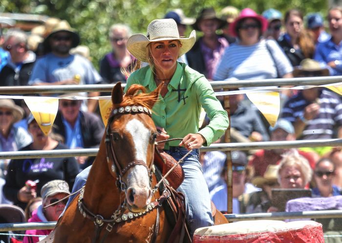 Ladies Barrel race at Jindabyne's Man From Snowy River Rodeo in  Jindabyne, Snowy Mountains