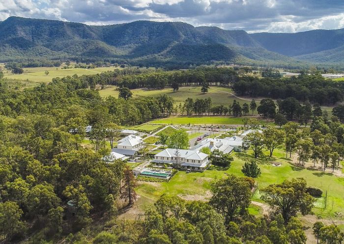 Aerial view overlooking the scenic grounds of Spicers Vineyards Estate, Pokolbin