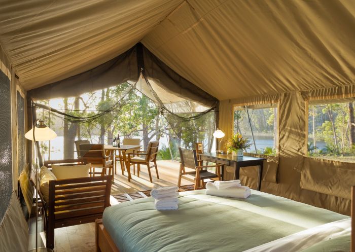 Inside the safari tent at Tanja Lagoon Camp in Bermagui, Sapphire Coast, South Coast