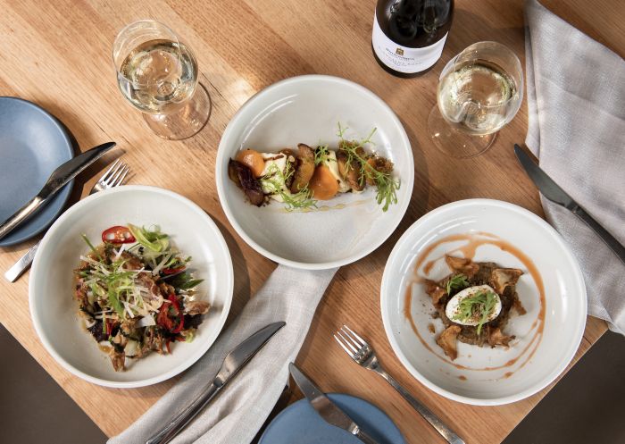 Dishes paired with wine at Esca Bimbadgen Restaurant in Pokolbin, Hunter Valley