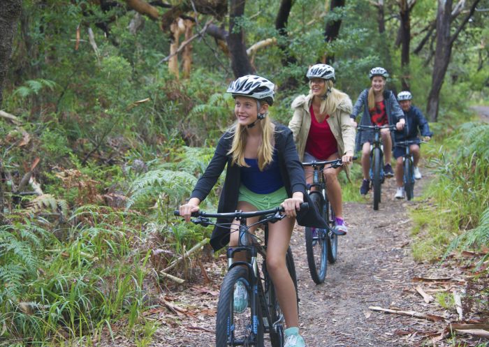 Family cycling through Tomaree National Park in Port Stephens, North Coast