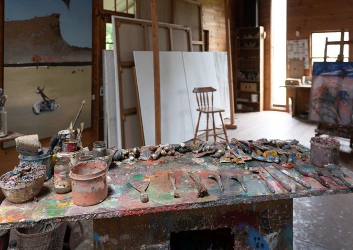 An artist's studio with paint all over a bench, Bundanon Homestead & Arthur Boyd's Studio, Nowra - Credit: John Janson-Moore 