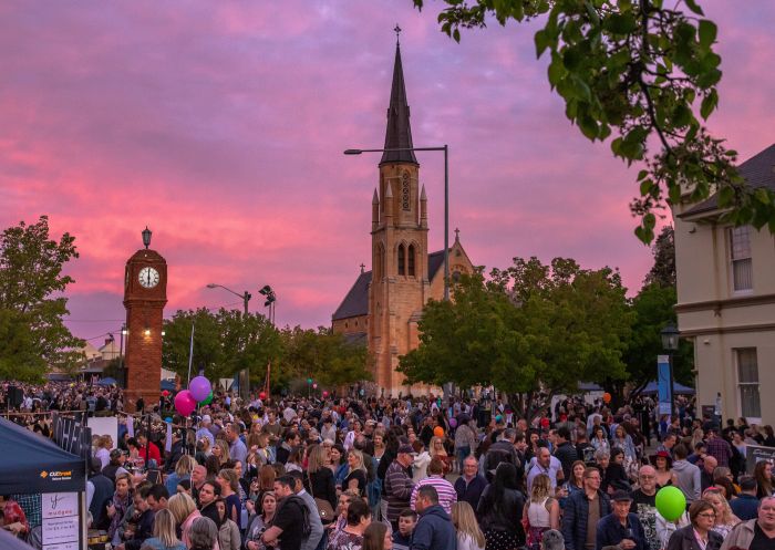 Crowds enjoying the Flavours of Mudgee Street Fair during the 2018 Mudgee Food + Wine Festival, Mudgee 