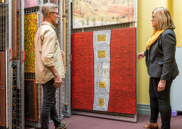 Couple discussing art works at Bank Art Museum (BAMM), Moree