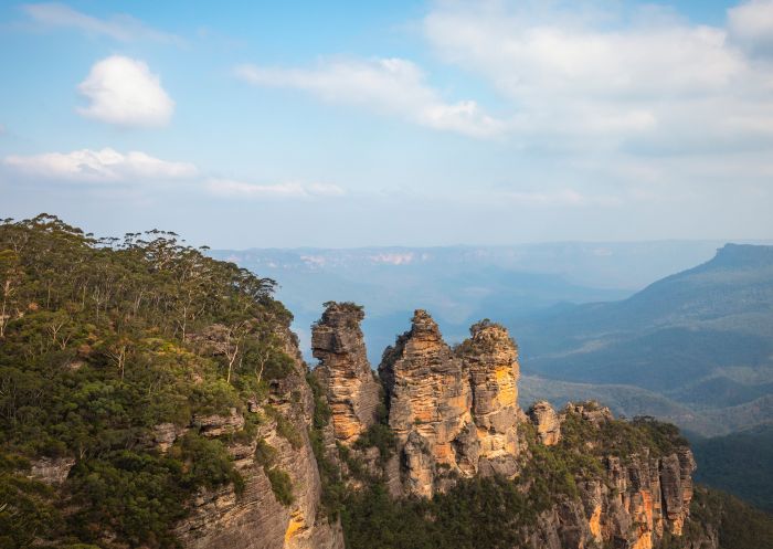 Scenic views across Blue Mountains National Park and the Three Sisters, Katoomba